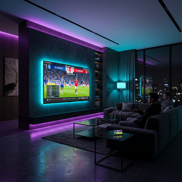 IPTV Portugal na sala de estar com TV 4K